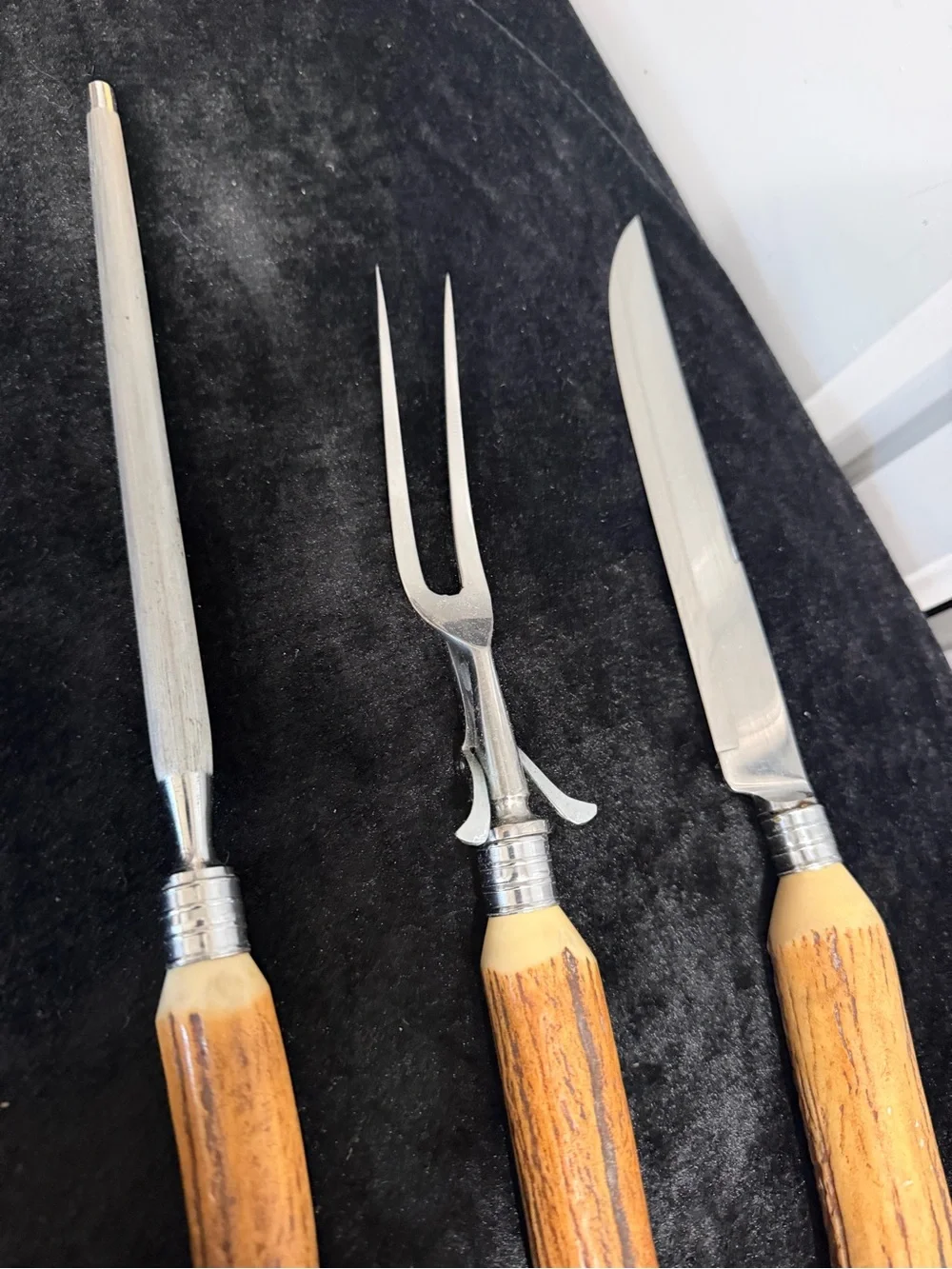 Vintage Sheffield Carving Set Rusnorstain Steel & Bone Brown Handles